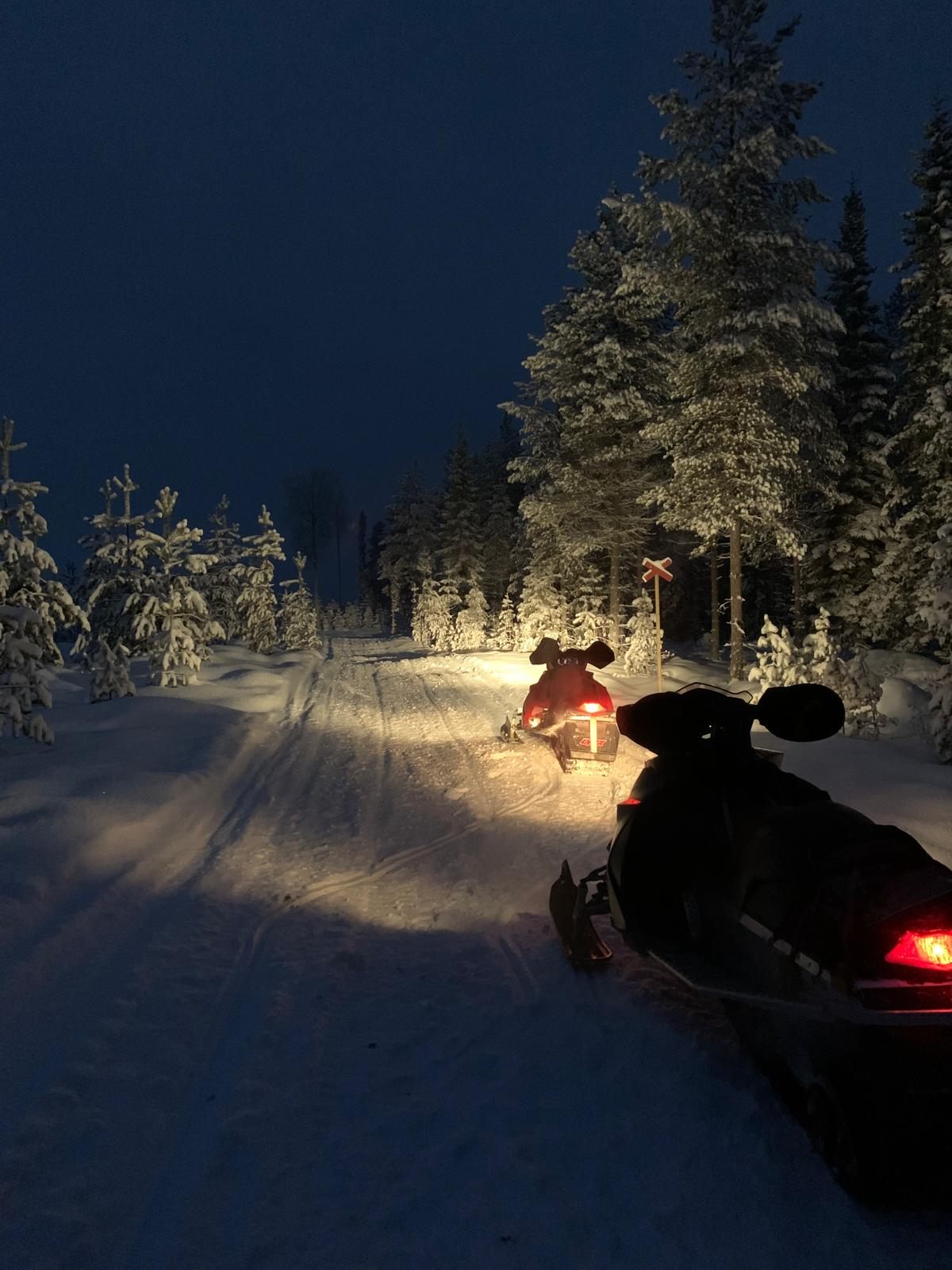 Moottorikelkkoja yöllä kelkkareitillä